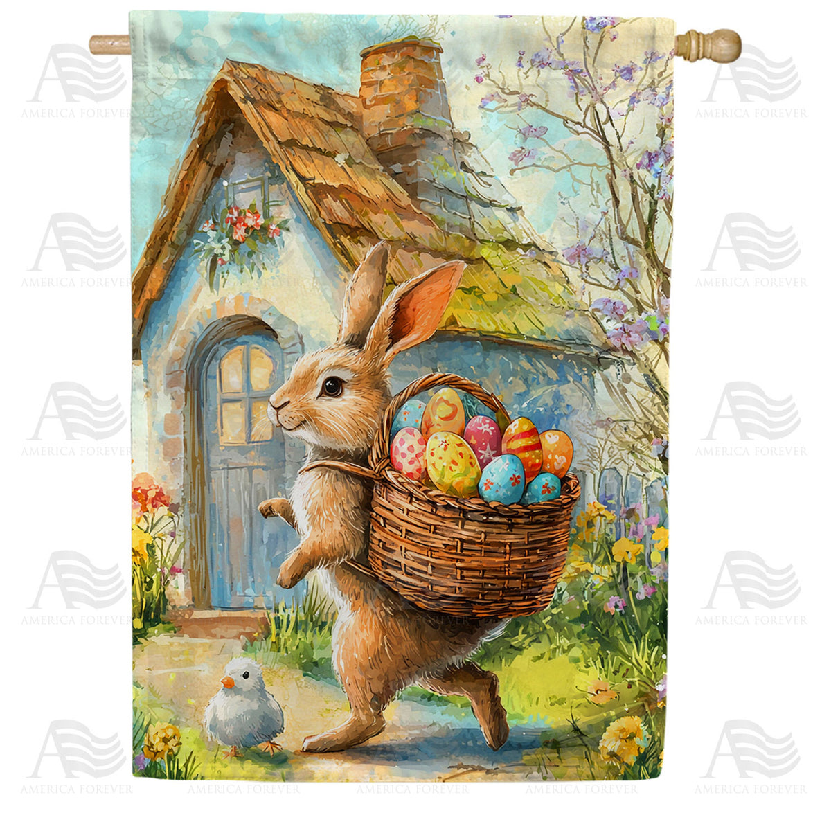 Easter Bunny Cottage Basket Double Sided House Flag