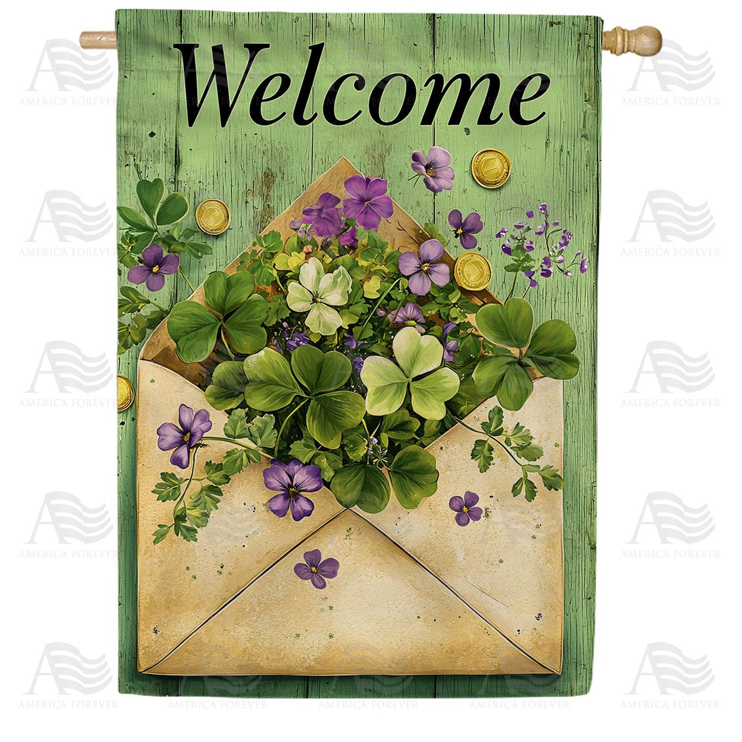 Welcome Shamrock Violet Envelope Double Sided House Flag