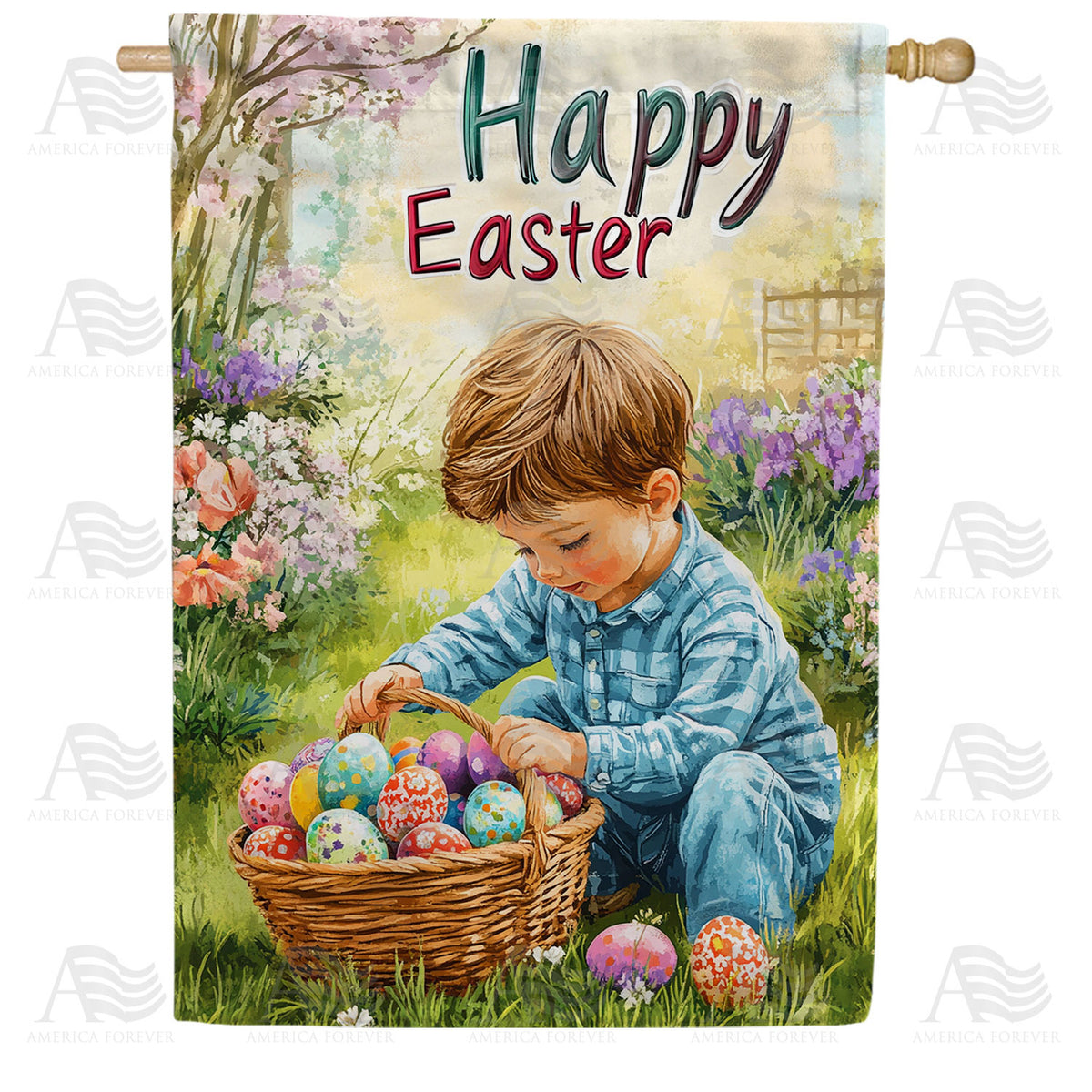 Happy Easter Boy Garden Basket Double Sided House Flag