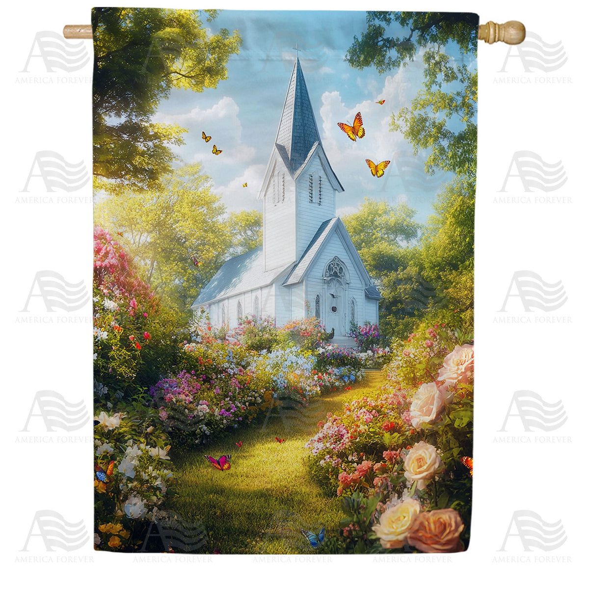 Country Church Garden Path Double Sided House Flag