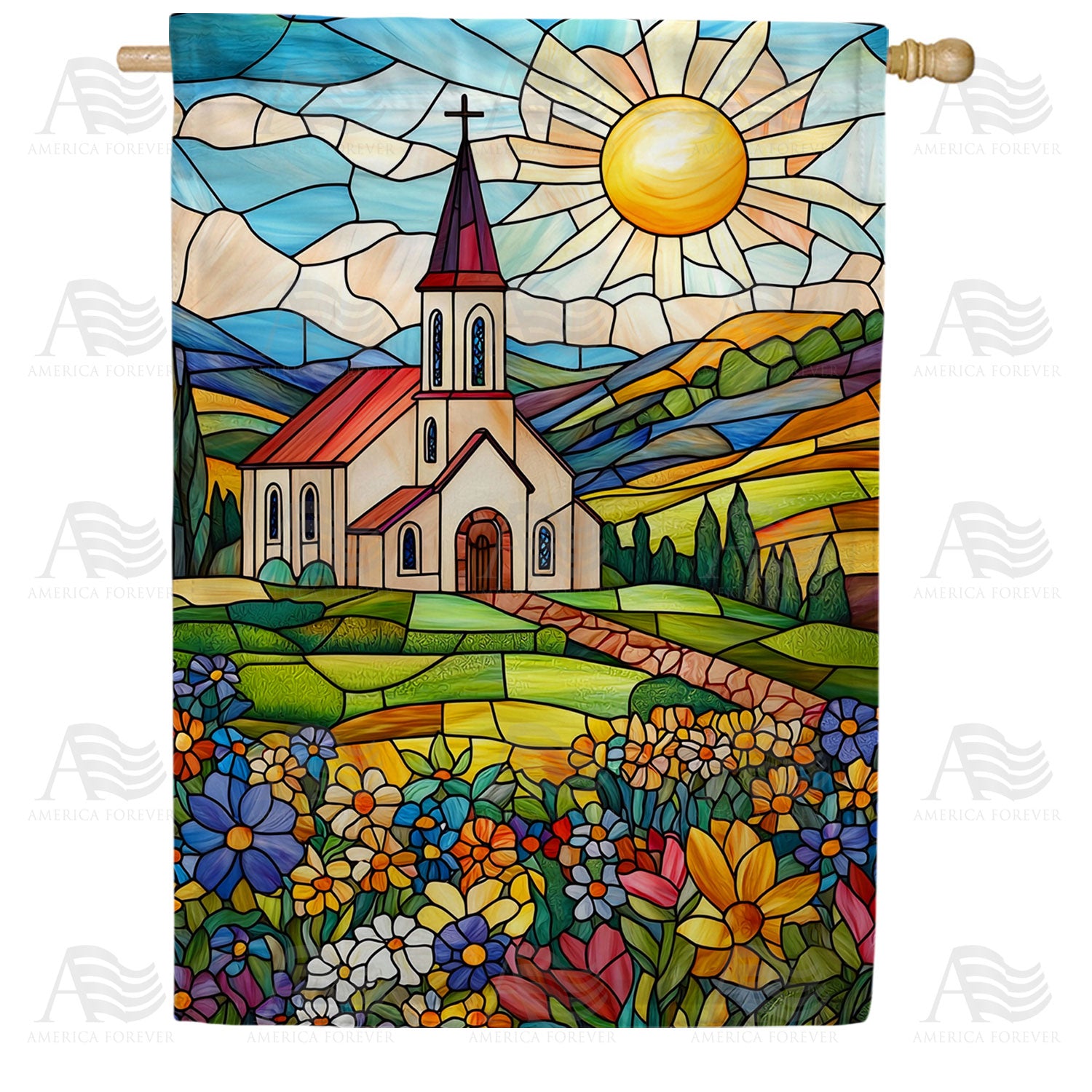 Stained Glass Church Meadow Double Sided House Flag