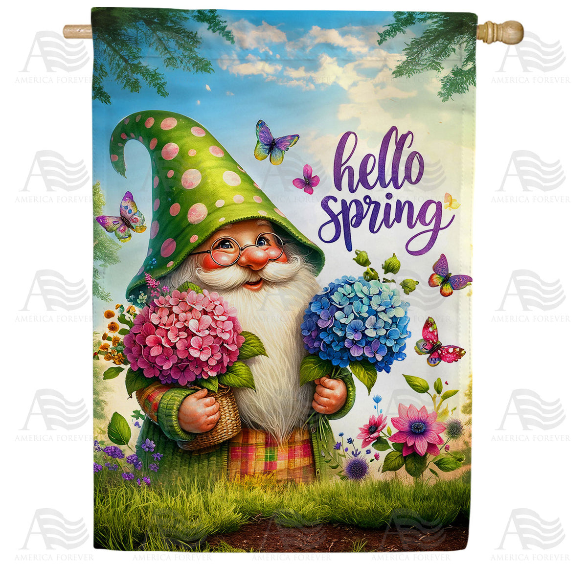Hello Spring Garden Gnome Hydrangea Double Sided House Flag