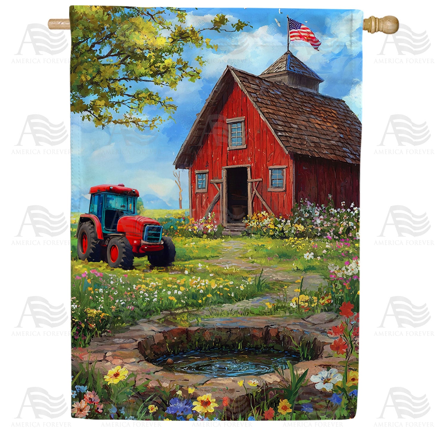 Patriotic Red Schoolhouse Farm Scene Double Sided House Flag