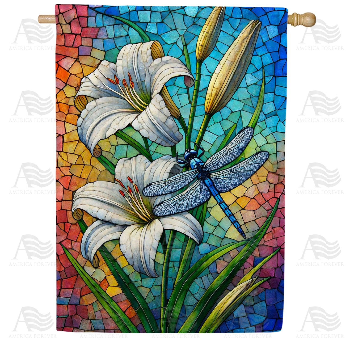 Stained Glass Lily and Dragonfly House Flag