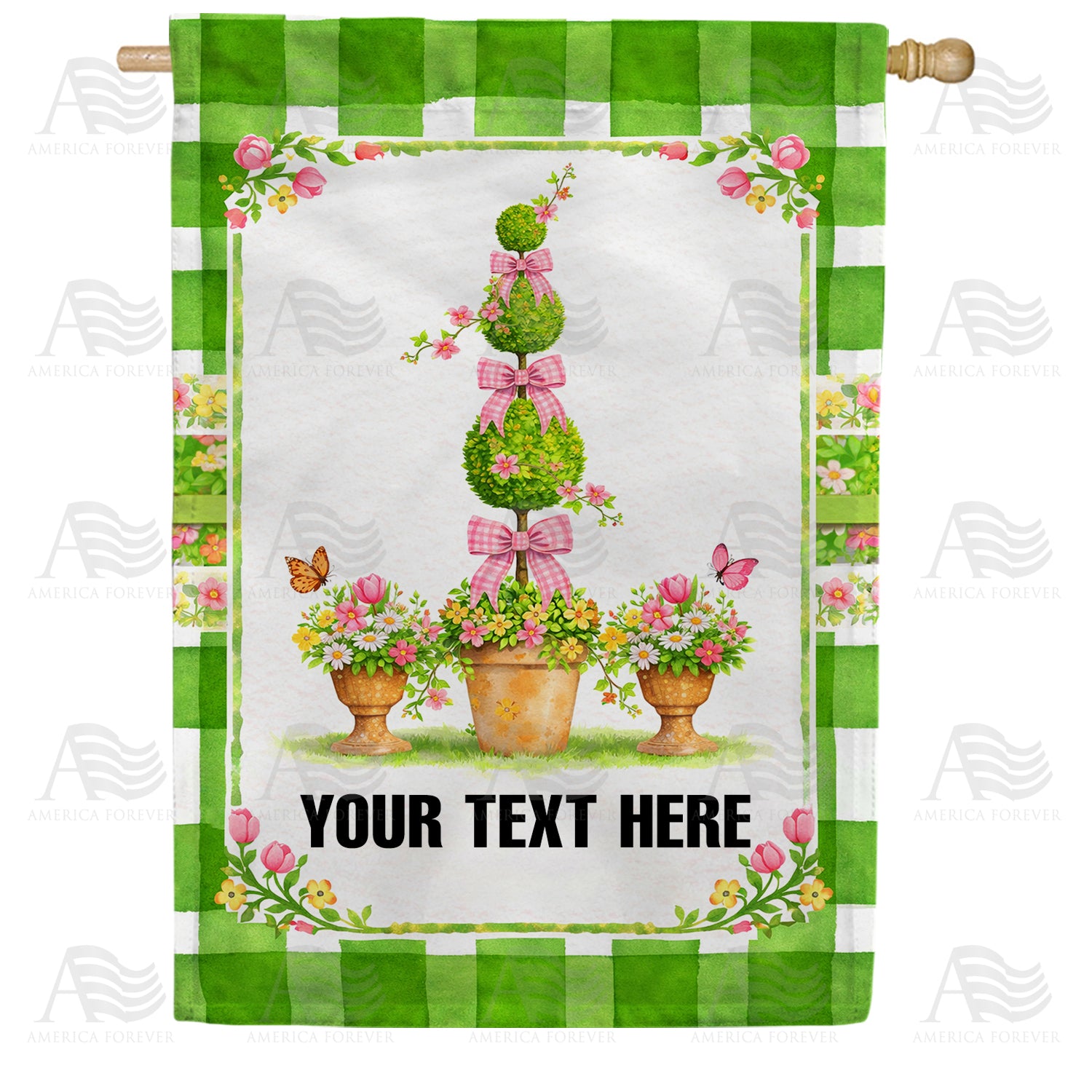 Personalized Spring Topiary with Pink Bows Double Sided House Flag