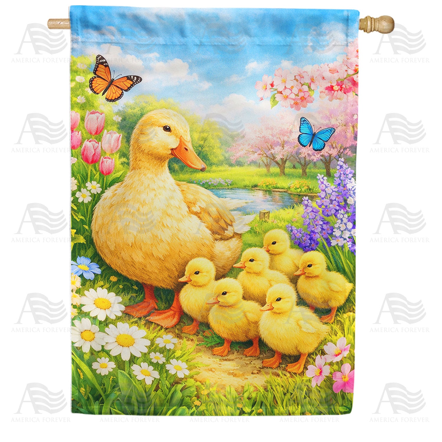 Spring Mother Duck and Ducklings with Butterflies House Flag