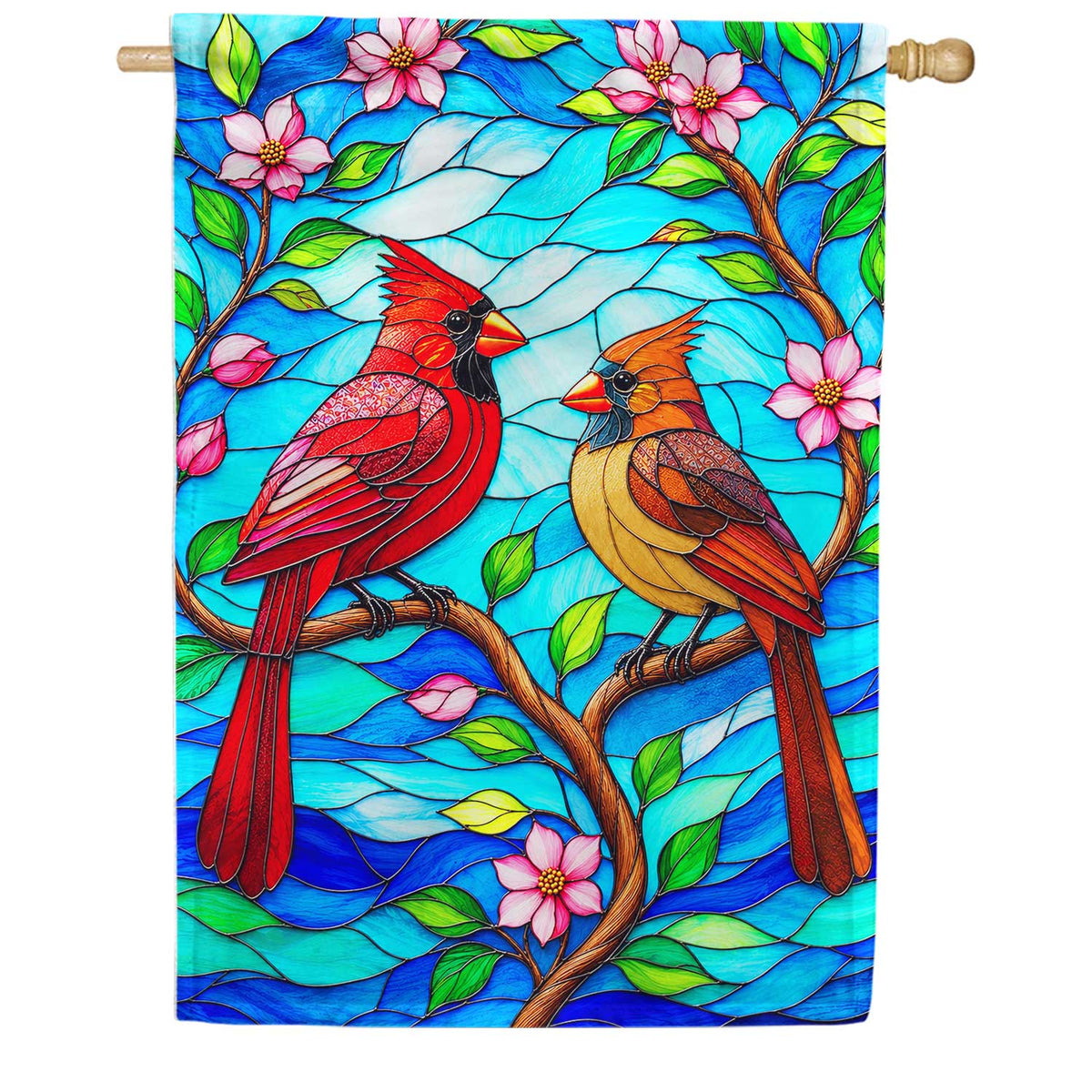 Stained Glass Cardinals with Pink Blossoms House Flag