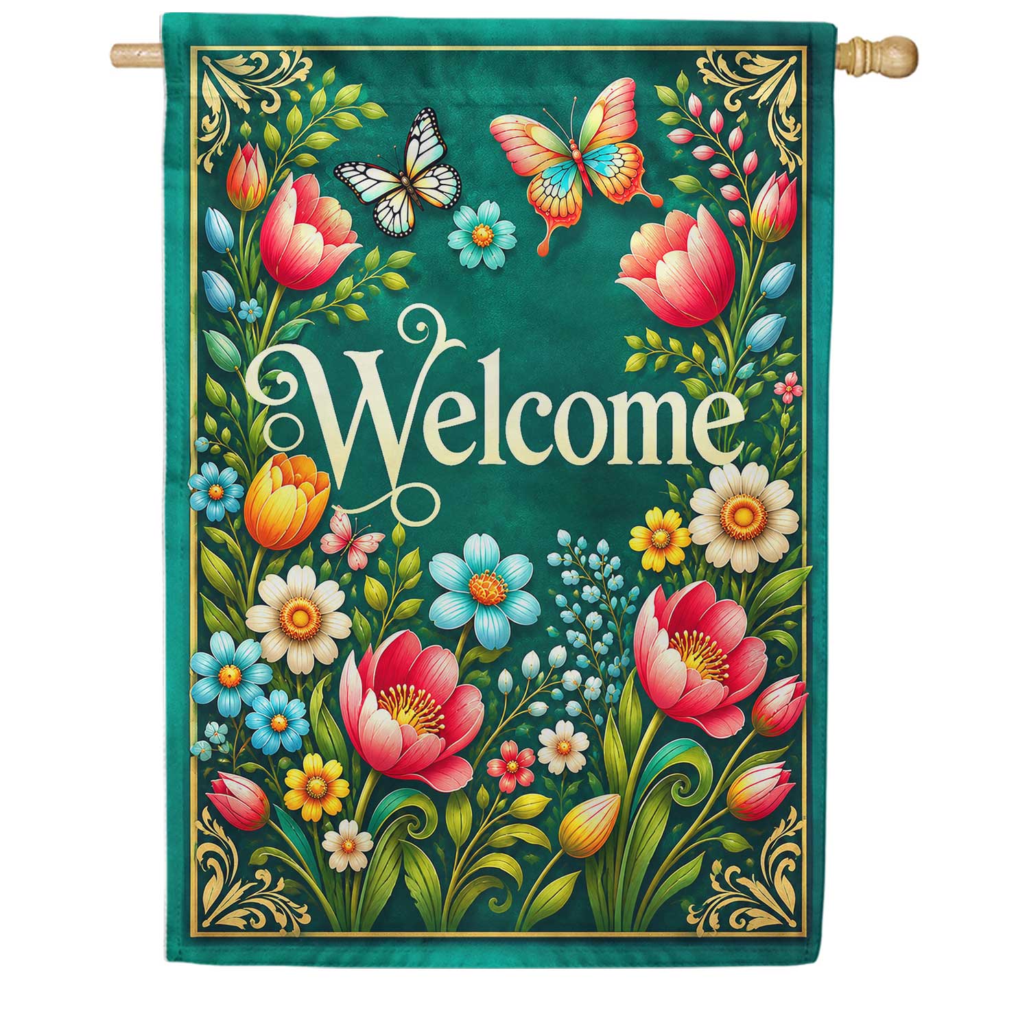 Welcome Spring Floral Butterflies House Flag
