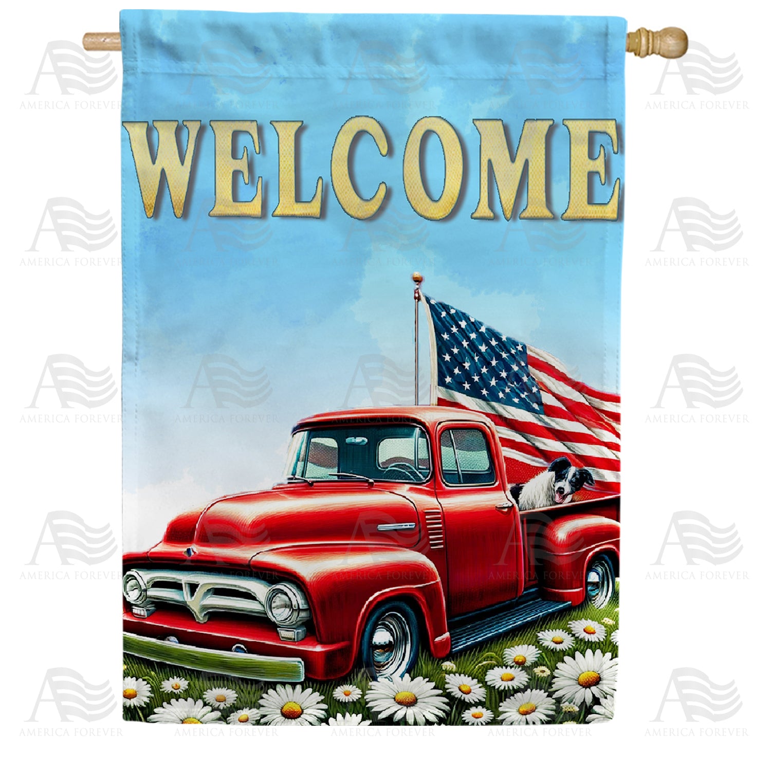 Patriotic Red Truck Welcome Double Sided House Flag