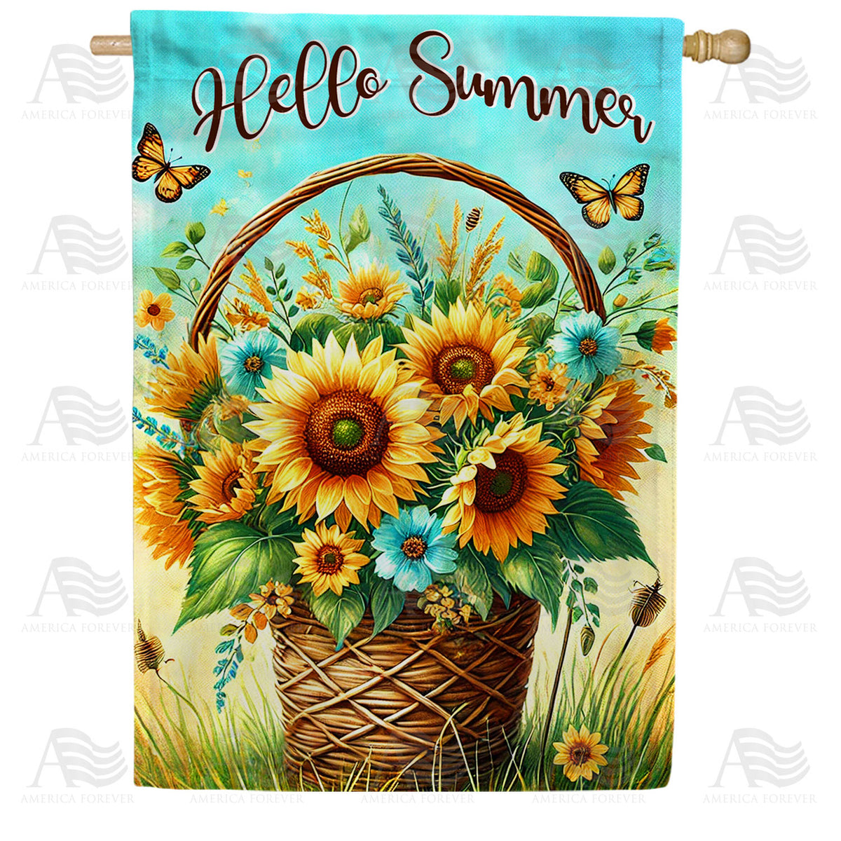 Hello Summer Sunflower Basket Double Sided House Flag