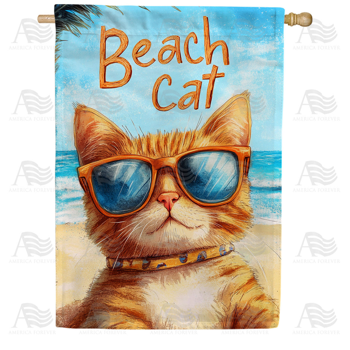 Beach Cat Orange Tabby Sunglasses Double Sided House Flag