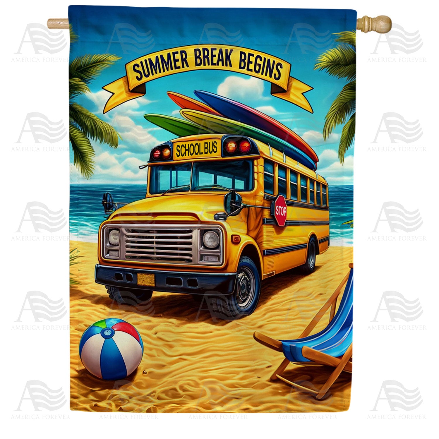 Summer Break Begins School Bus Beach Double Sided House Flag