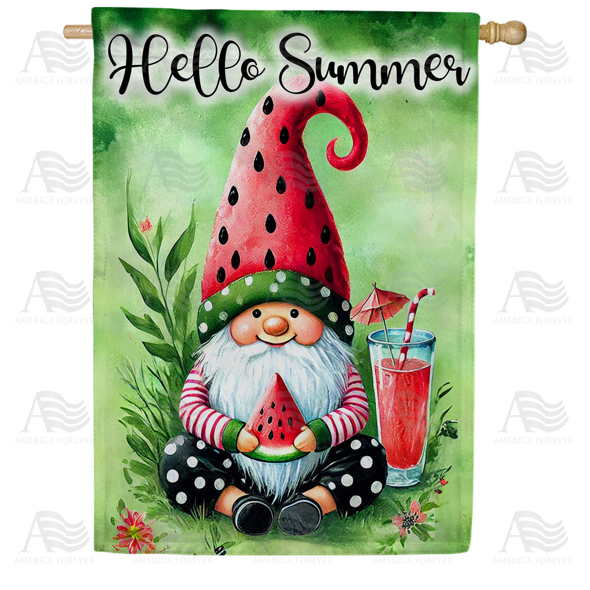 Hello Summer Watermelon Gnome Double Sided House Flag
