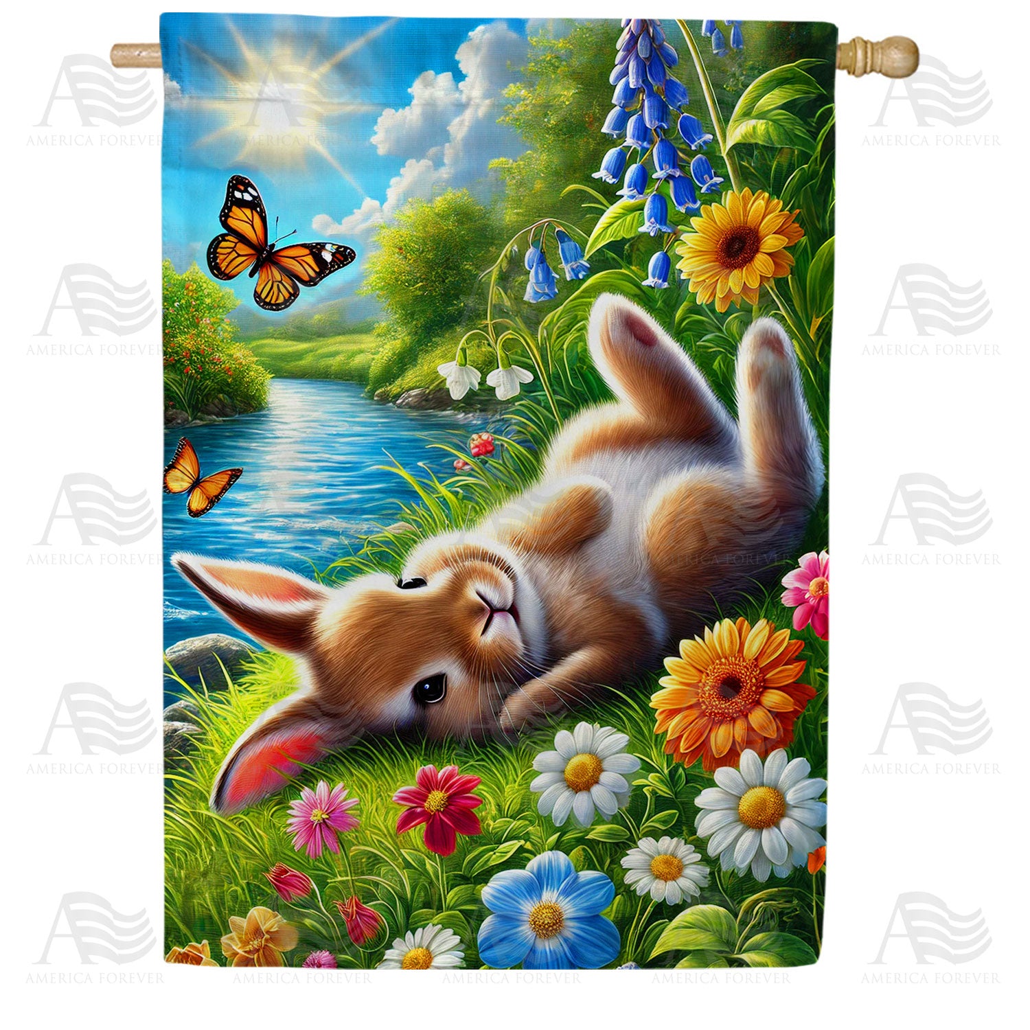 Peaceful Bunny Butterfly Garden Scene Double Sided House Flag