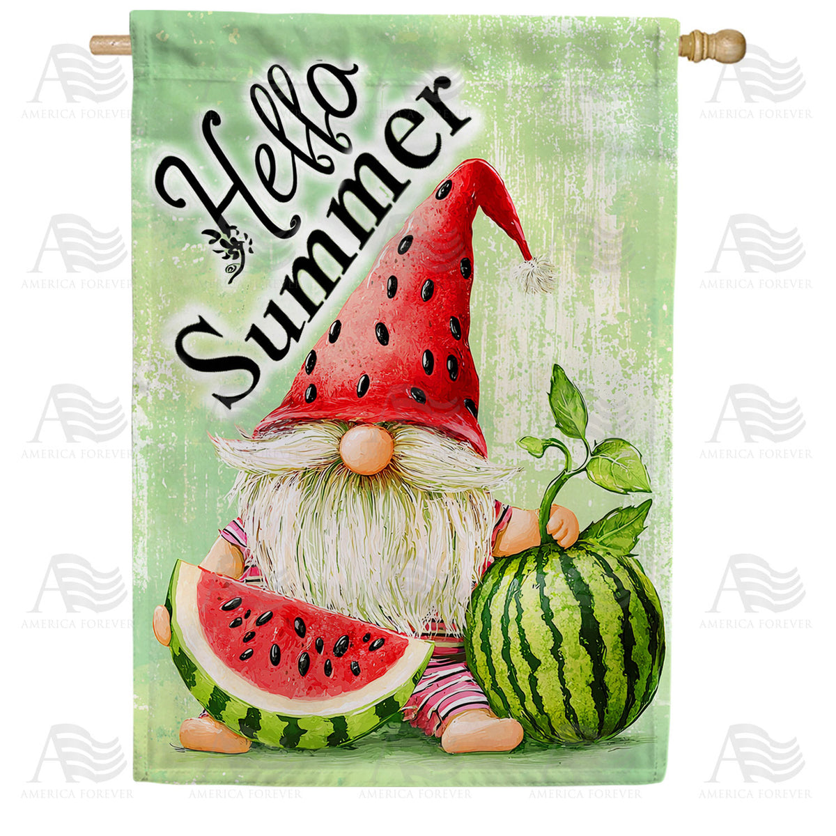 Hello Summer Watermelon Gnome Slice Double Sided House Flag