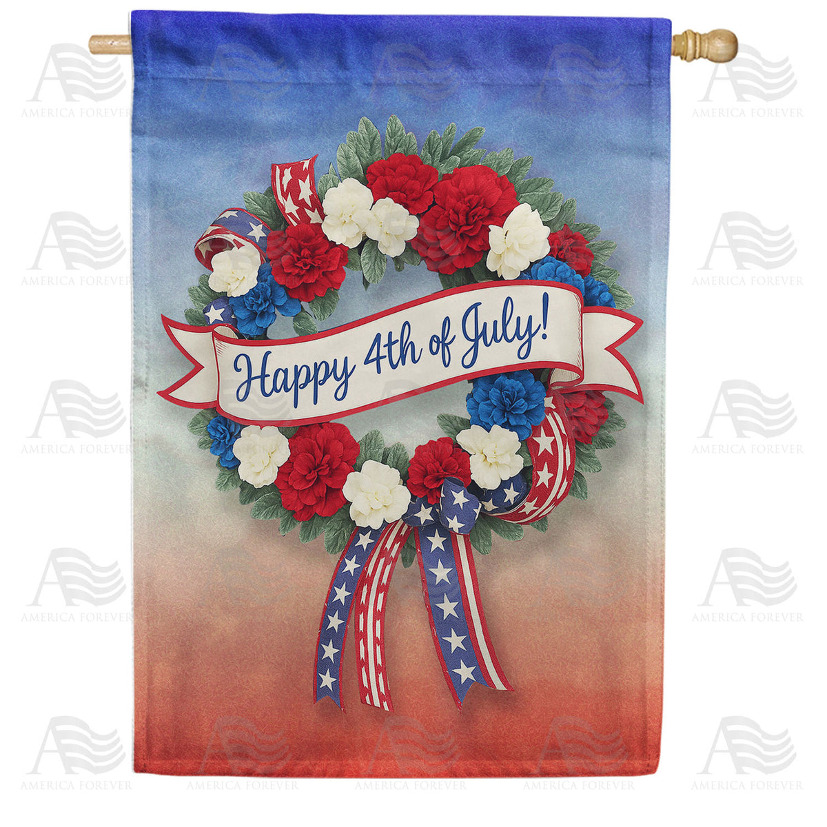 Happy 4th of July Patriotic Wreath Double Sided House Flag