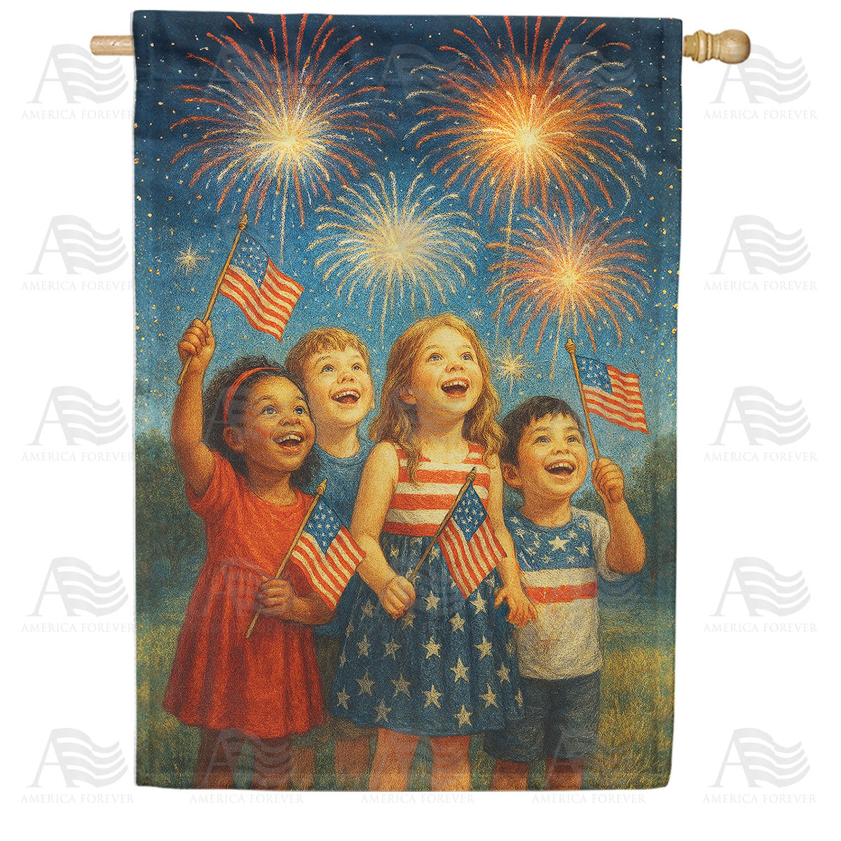 Children Watching Fireworks 4th of July Double Sided House Flag