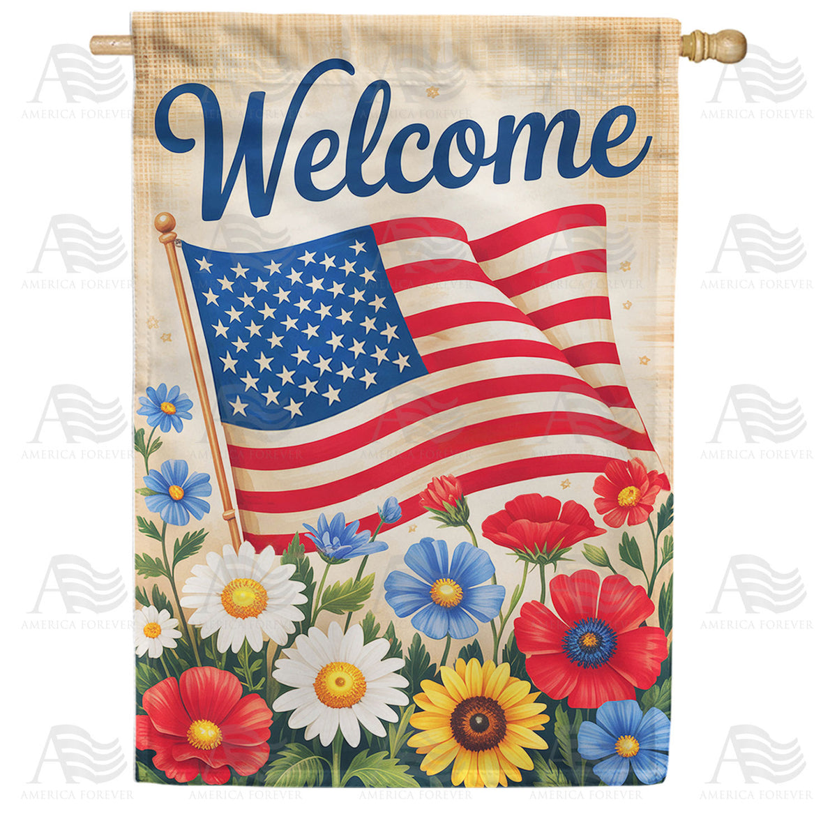 Welcome American Flag Floral Double Sided House Flag