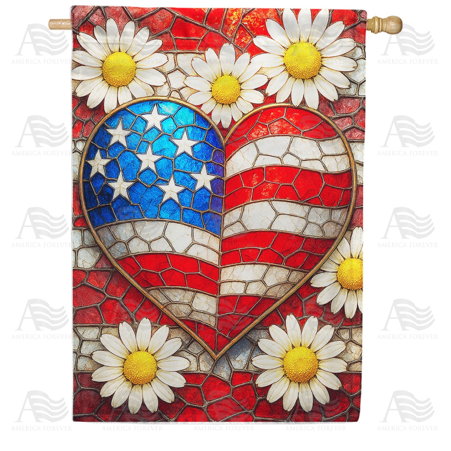 Patriotic Heart Mosaic Daisies Double Sided House Flag