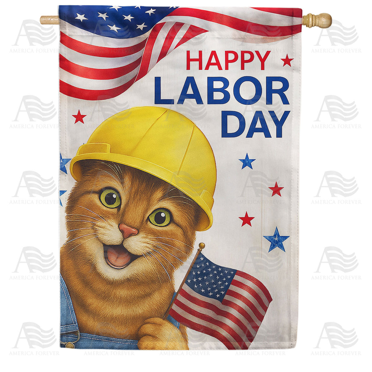 Happy Labor Day Worker Cat Double Sided House Flag