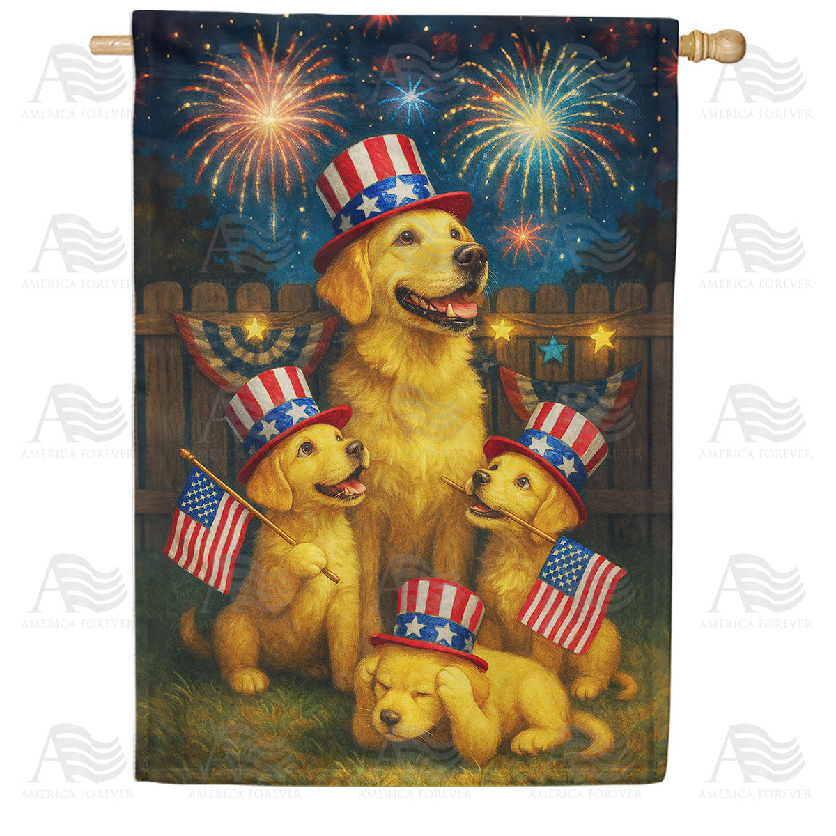 Patriotic Golden Retriever Family Fireworks Double Sided House Flag