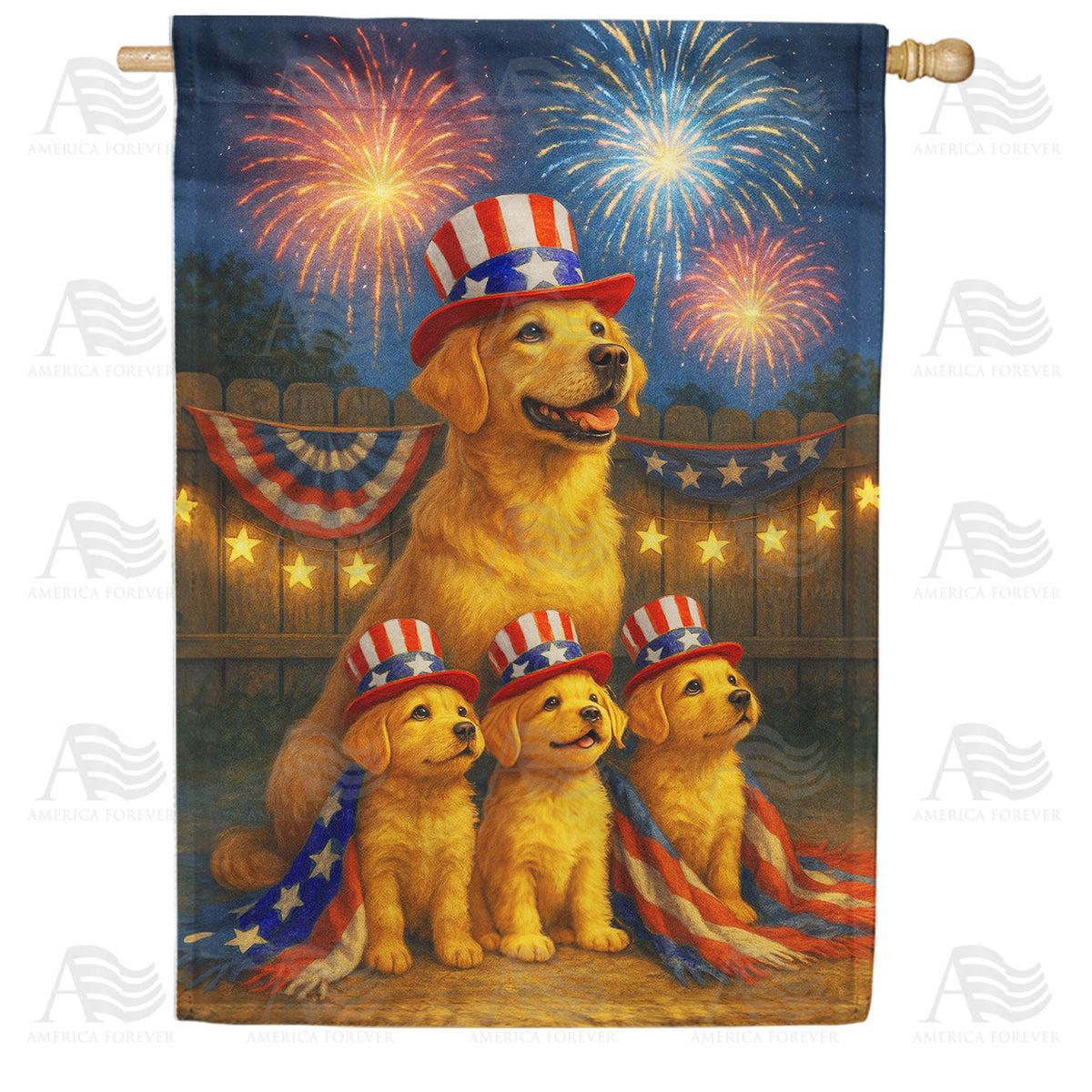 Patriotic Golden Retriever Puppies Fireworks Double Sided House Flag