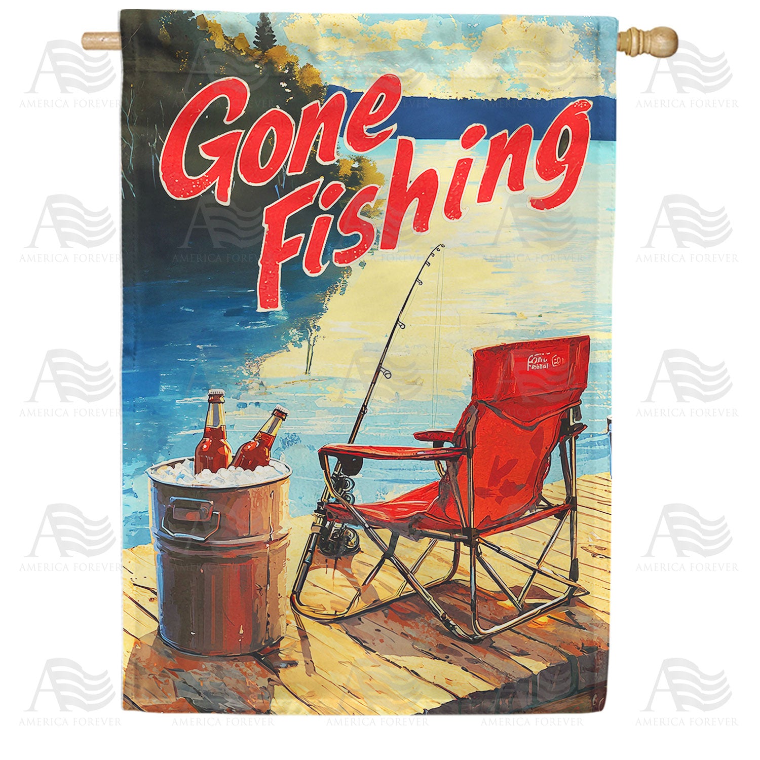 Gone Fishing Lake Dock Double Sided House Flag