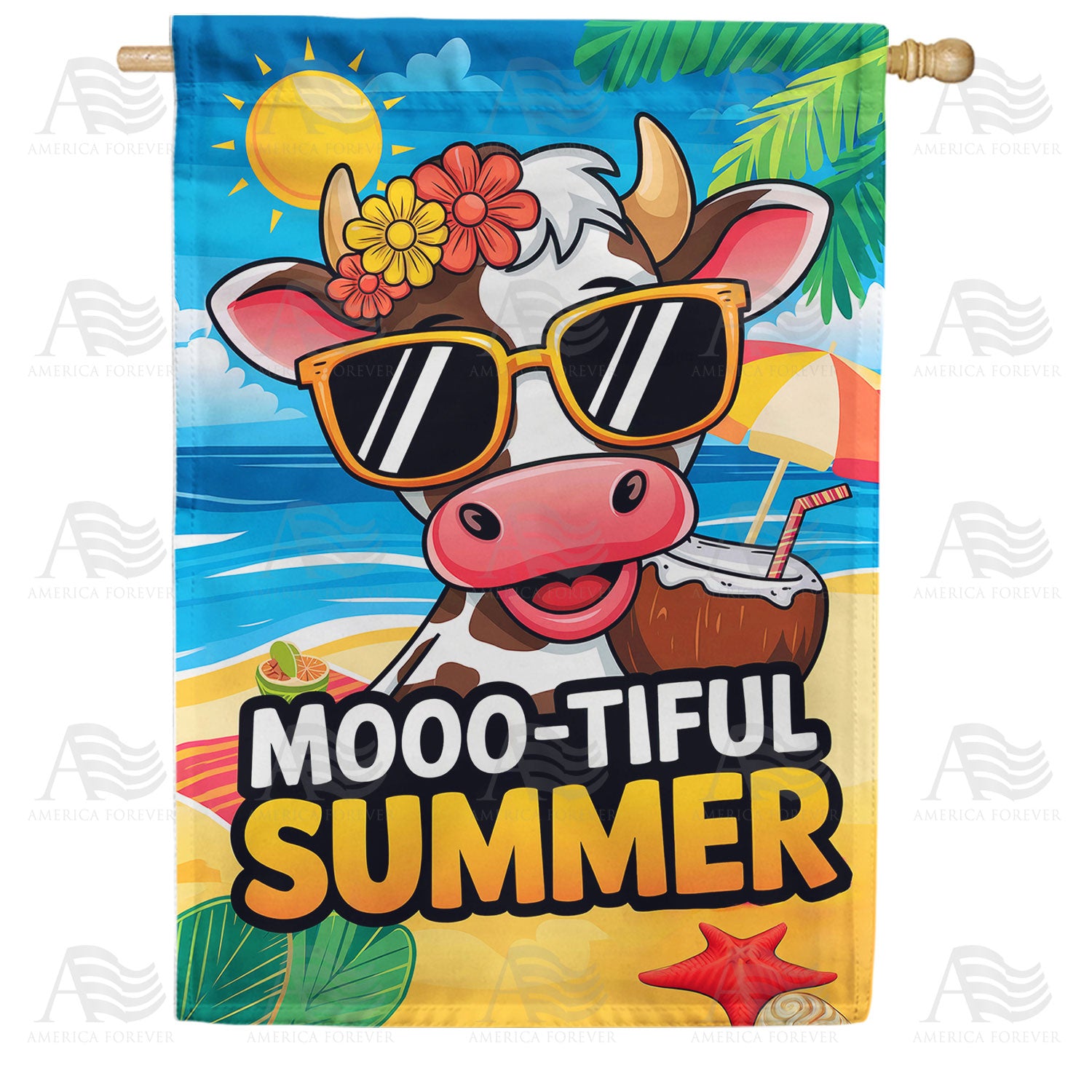 Moootiful Summer Beach Cow Double Sided House Flag