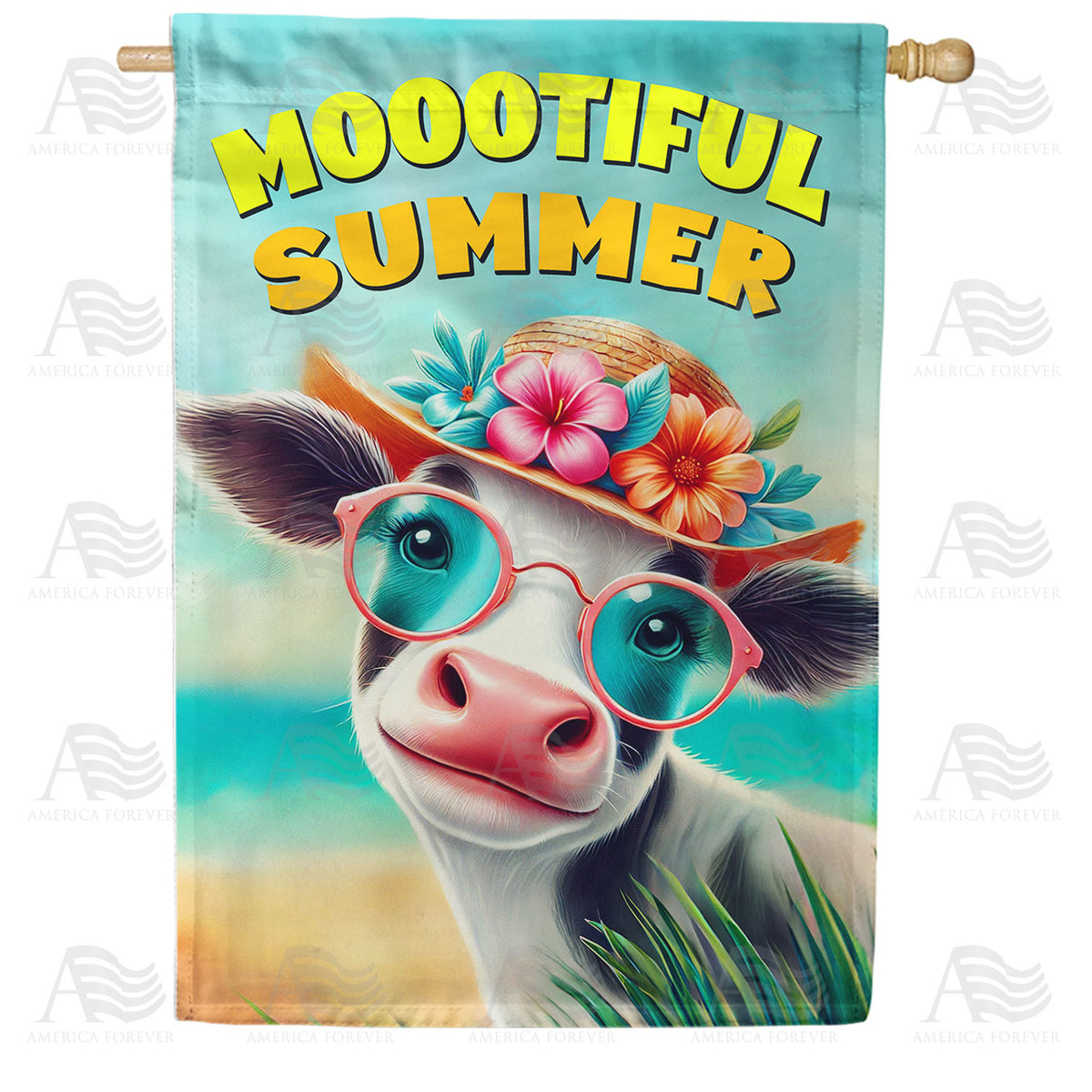 Moootiful Summer Beach Cow Glasses Double Sided House Flag