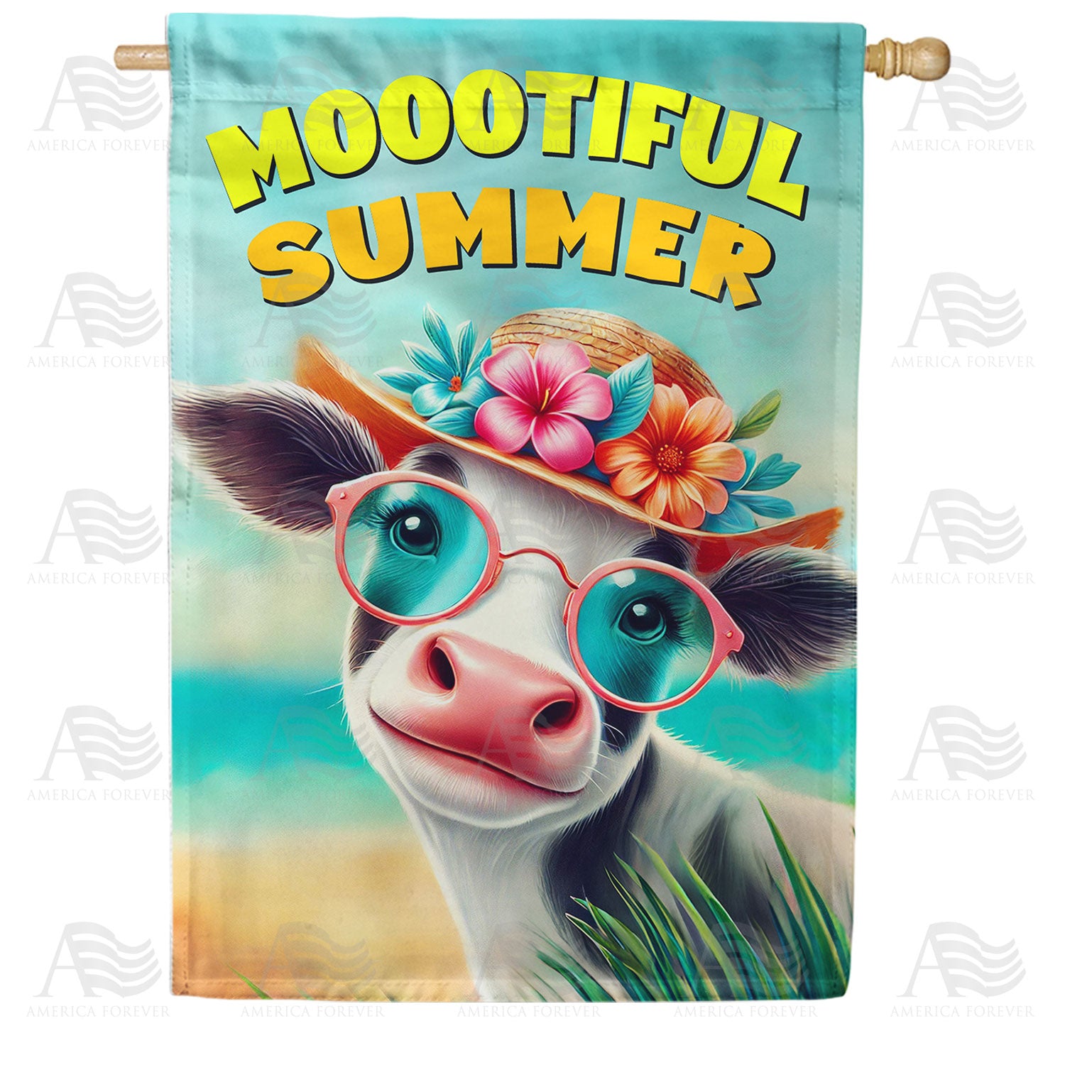 Moootiful Summer Beach Cow Glasses Double Sided House Flag
