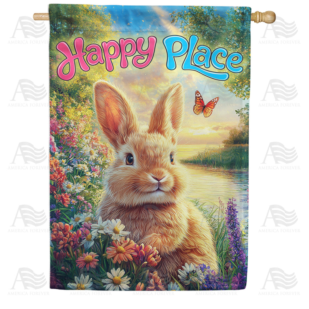 Happy Place Bunny Rainbow Garden Double Sided House Flag