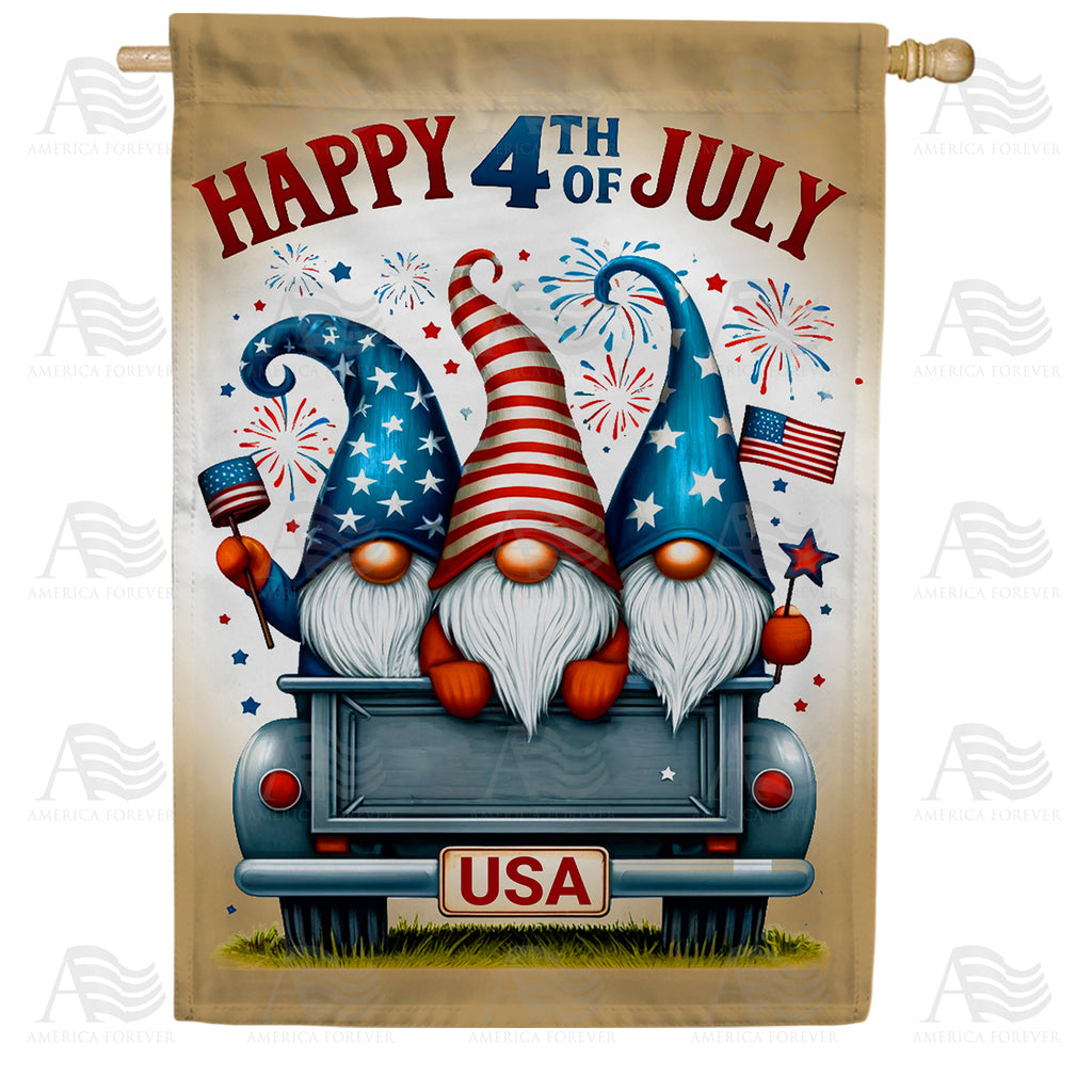 Happy 4th of July Patriotic Gnomes House Flag