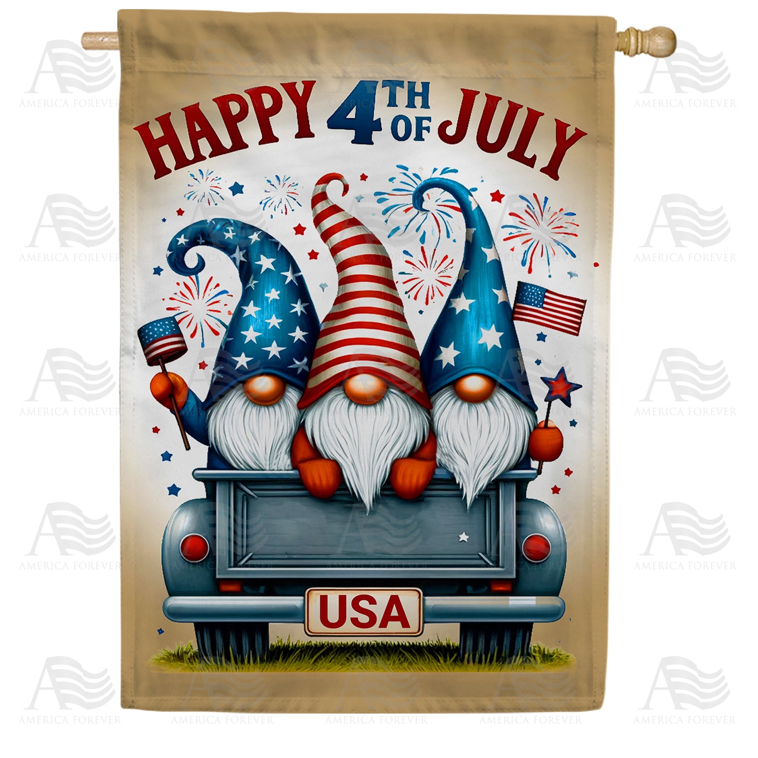 Happy 4th of July Patriotic Gnomes House Flag