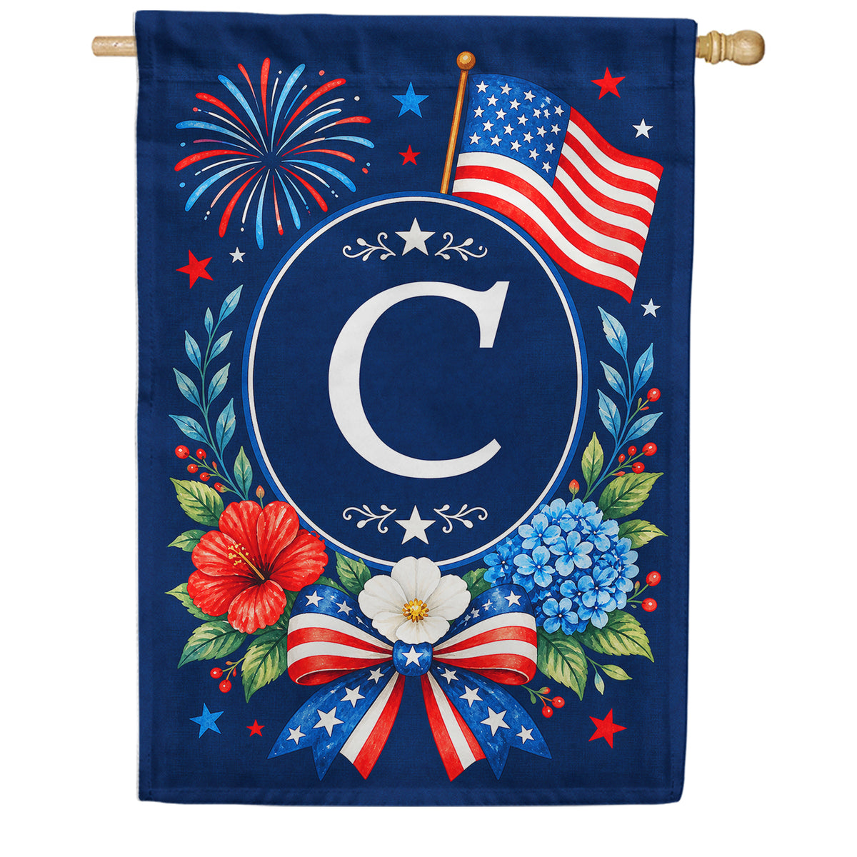 Floral Fireworks Patriotic Monogram House Flag