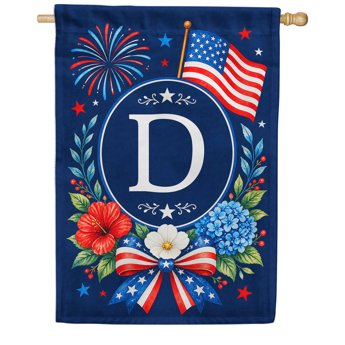 Floral Fireworks Patriotic Monogram House Flag