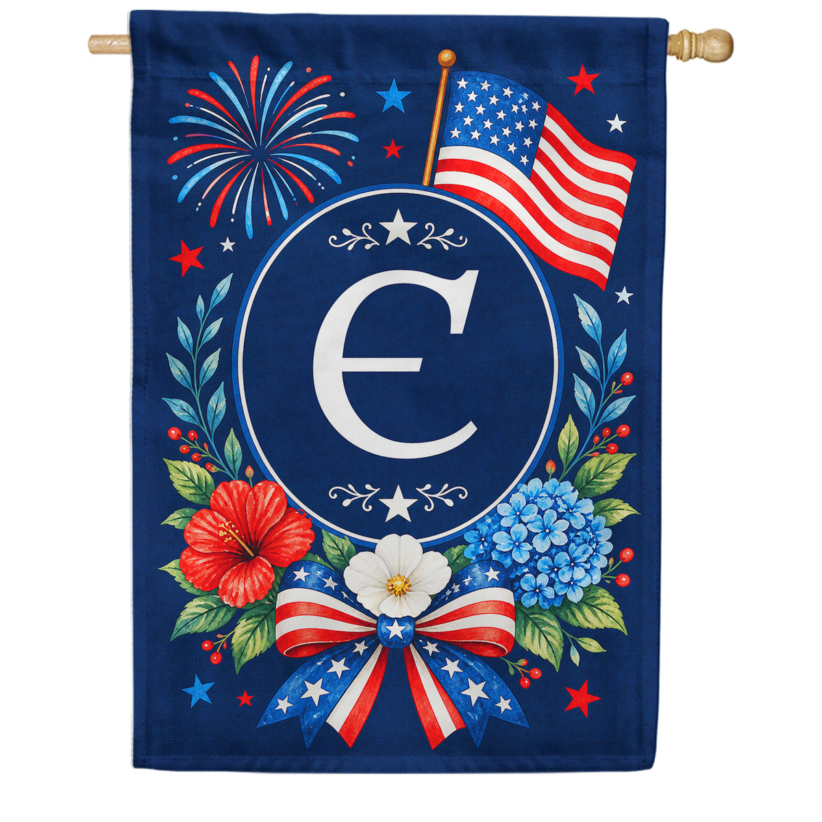 Floral Fireworks Patriotic Monogram House Flag