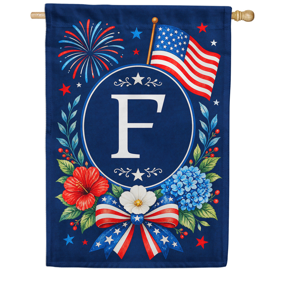 Floral Fireworks Patriotic Monogram House Flag