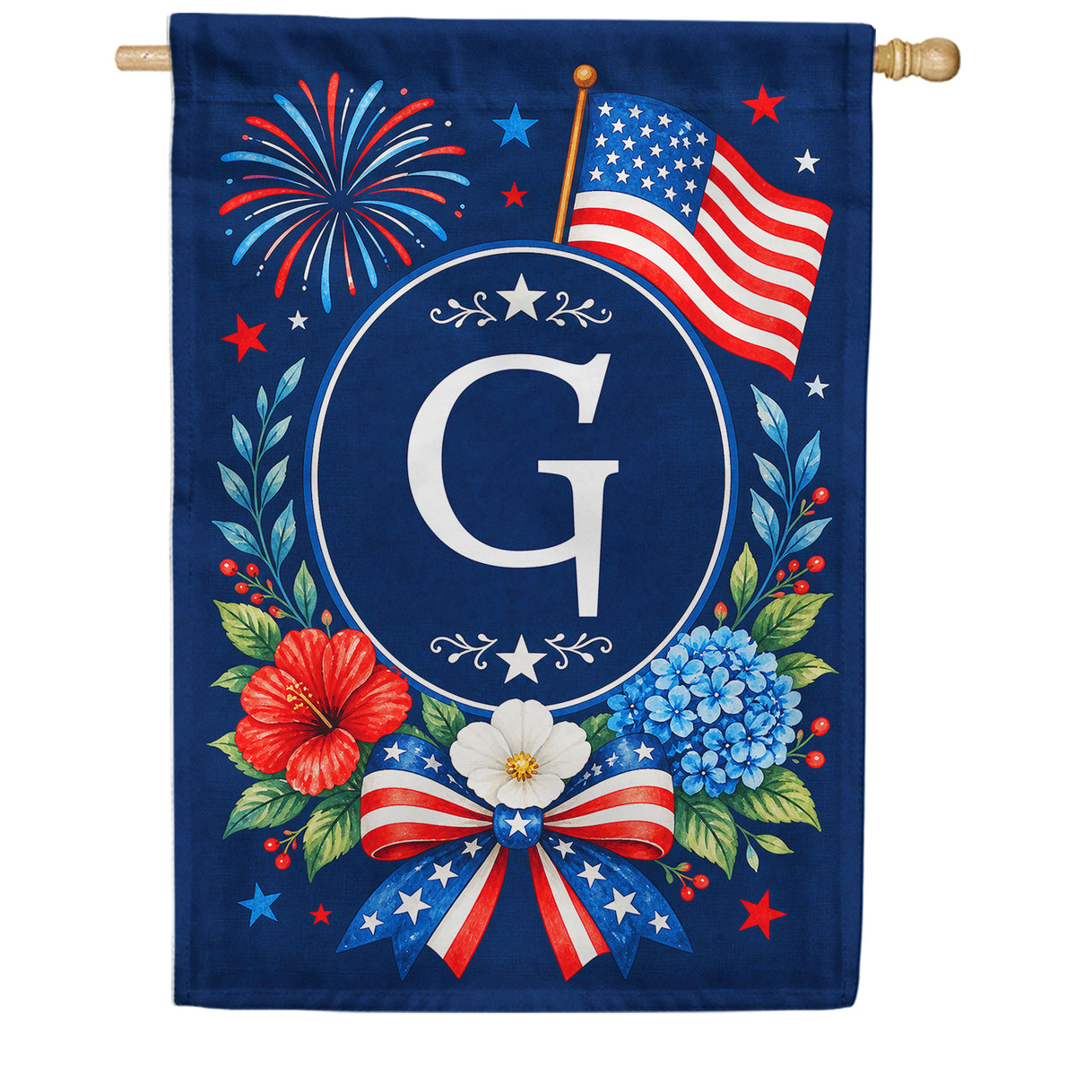Floral Fireworks Patriotic Monogram House Flag