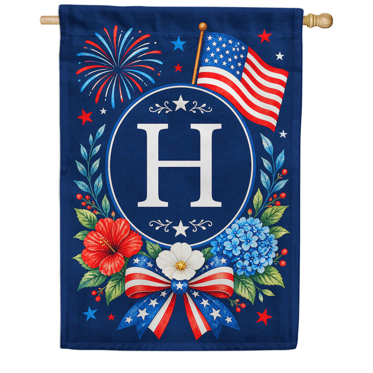 Floral Fireworks Patriotic Monogram House Flag