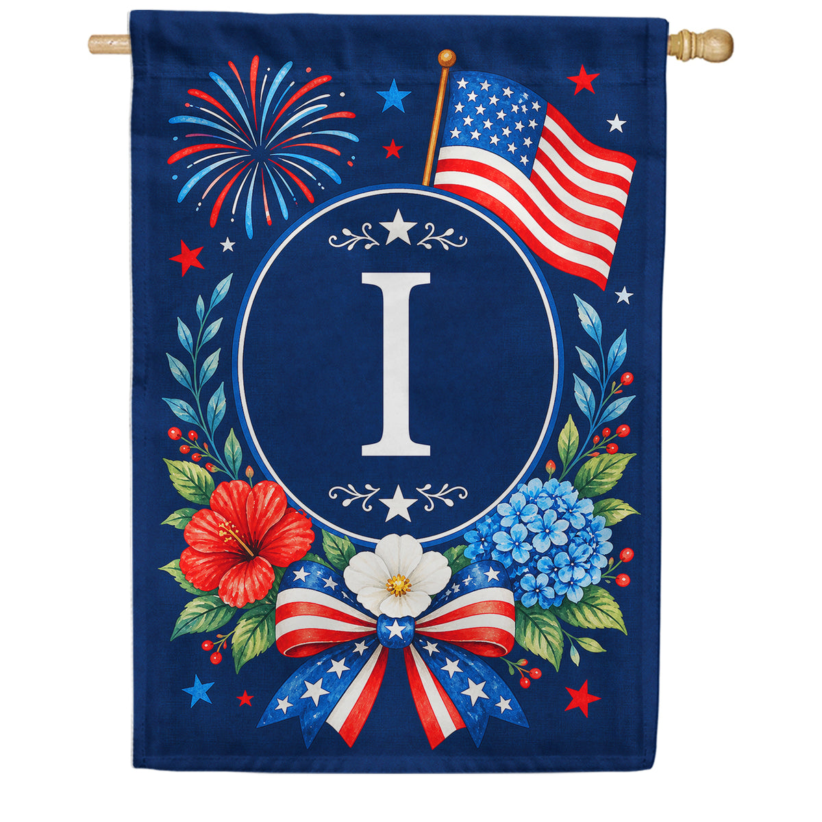 Floral Fireworks Patriotic Monogram House Flag