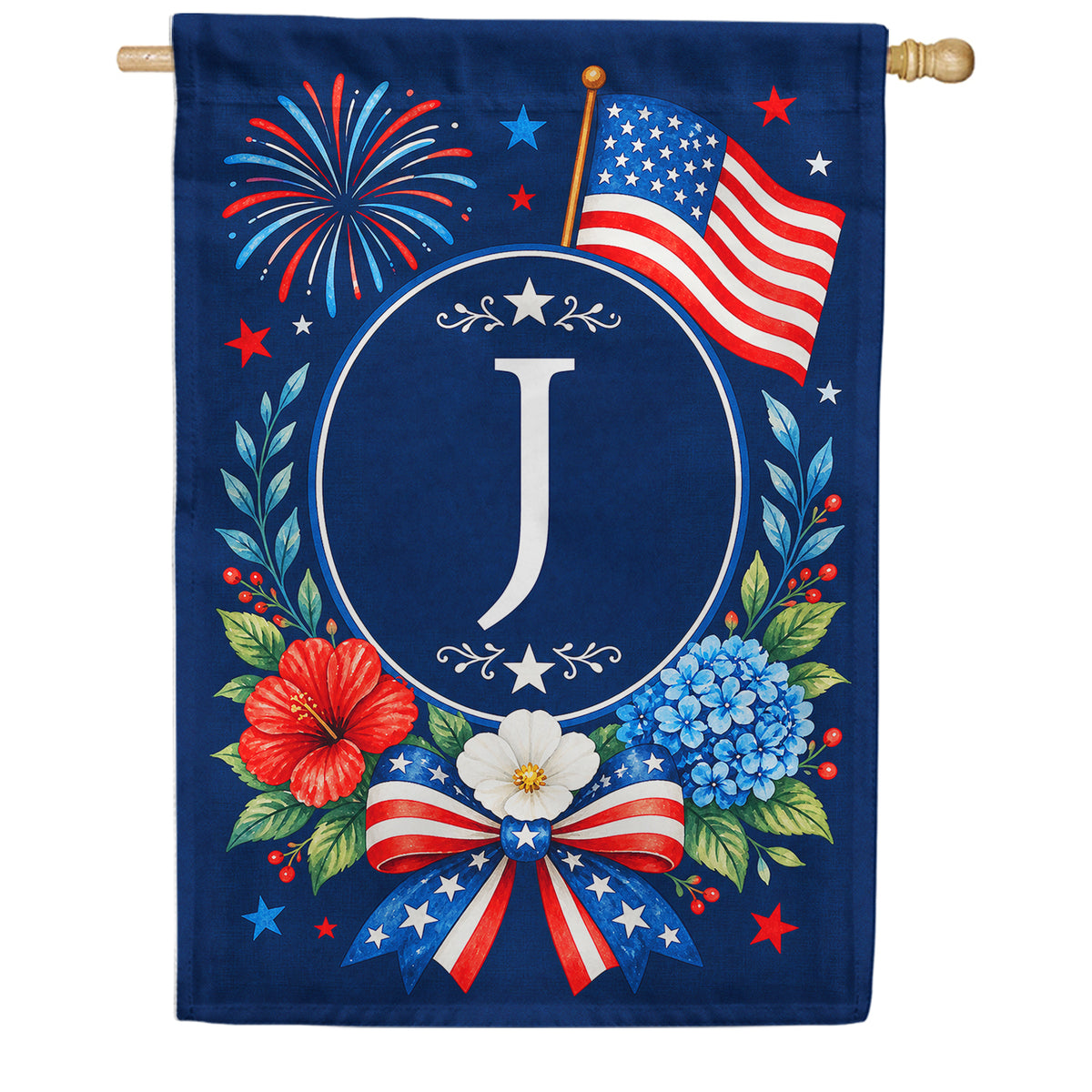 Floral Fireworks Patriotic Monogram House Flag