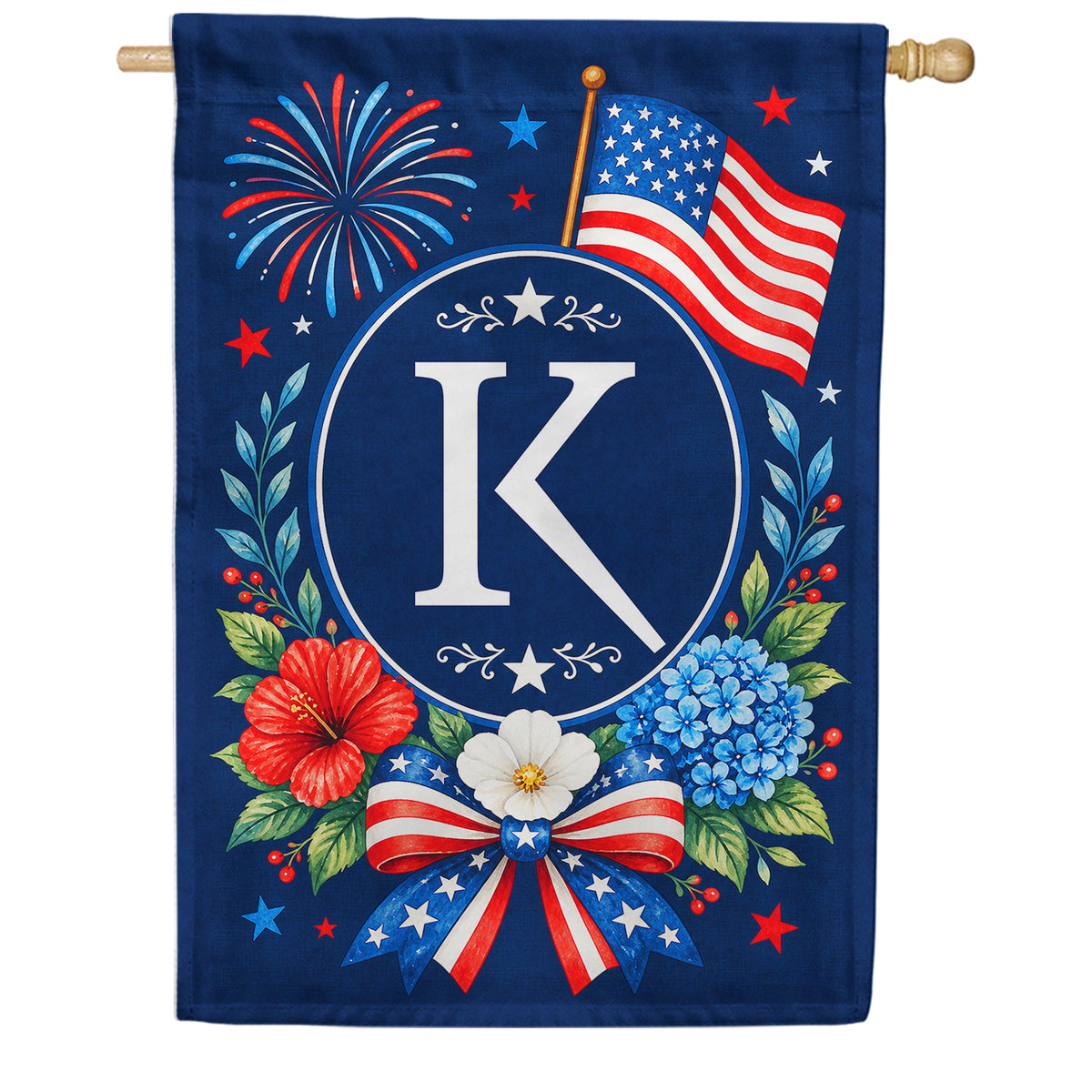 Floral Fireworks Patriotic Monogram House Flag