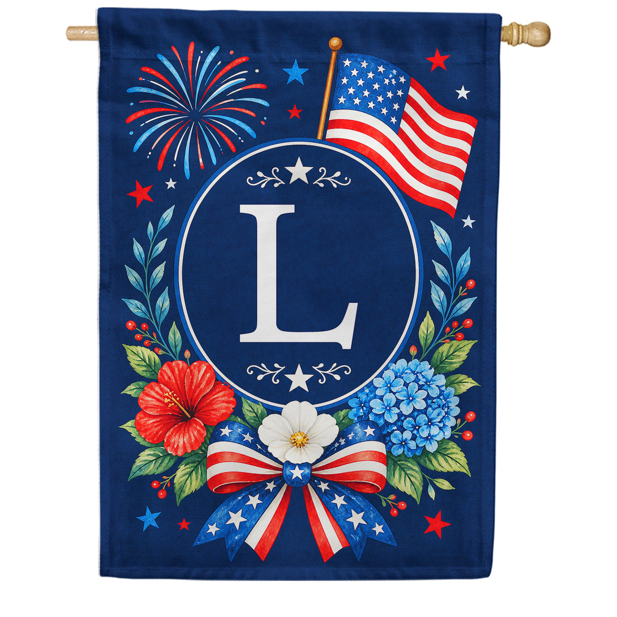 Floral Fireworks Patriotic Monogram House Flag