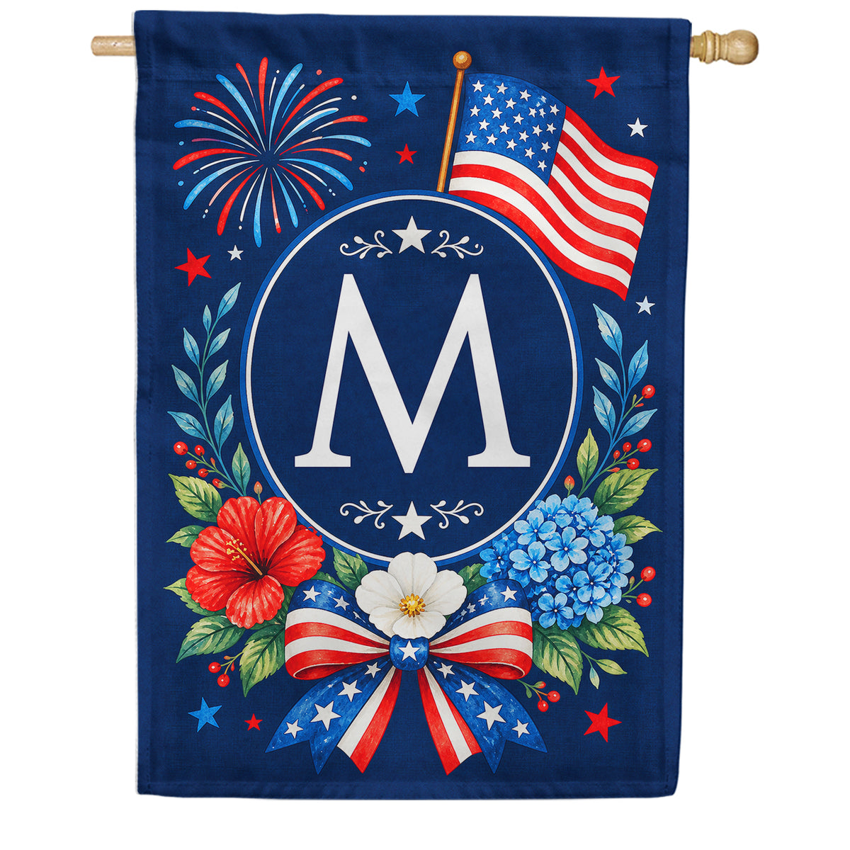 Floral Fireworks Patriotic Monogram House Flag