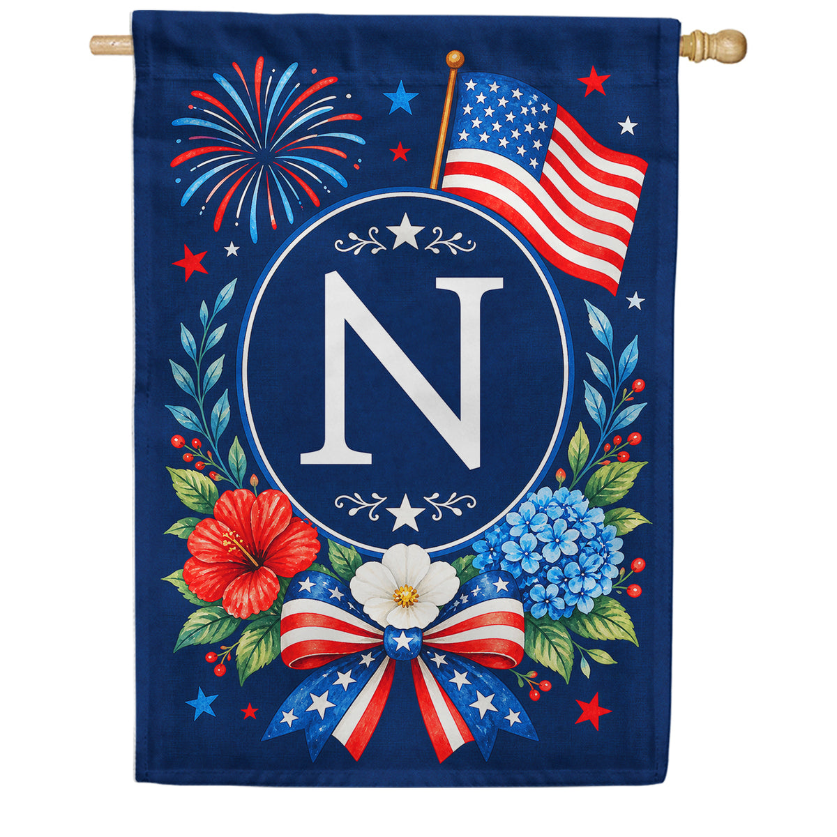 Floral Fireworks Patriotic Monogram House Flag
