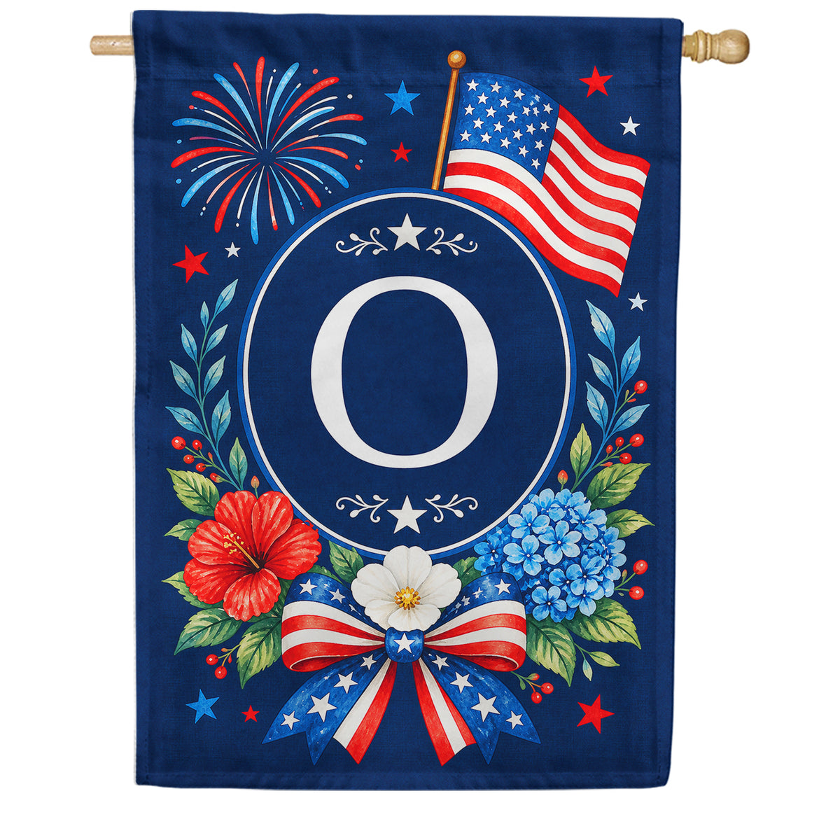 Floral Fireworks Patriotic Monogram House Flag