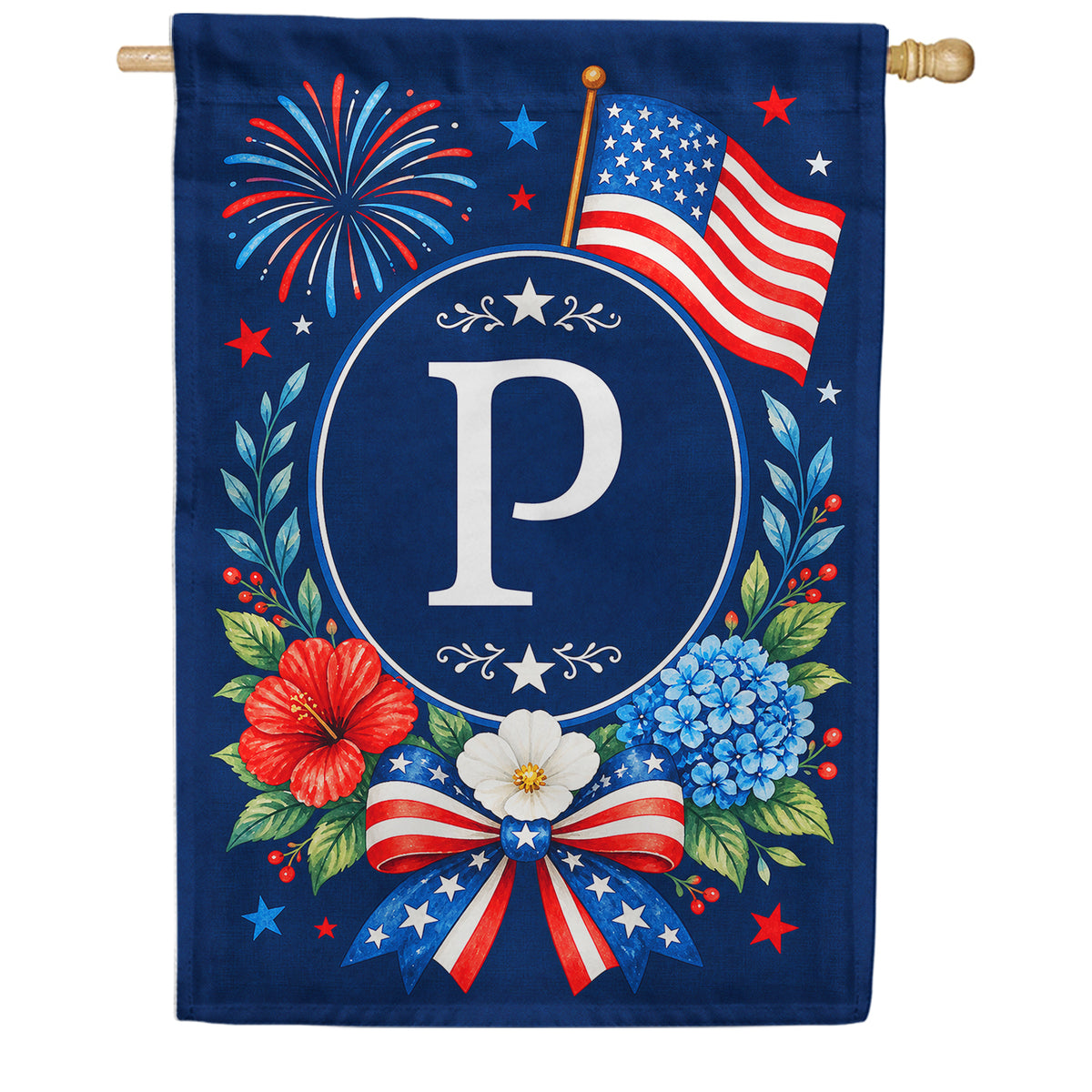 Floral Fireworks Patriotic Monogram House Flag