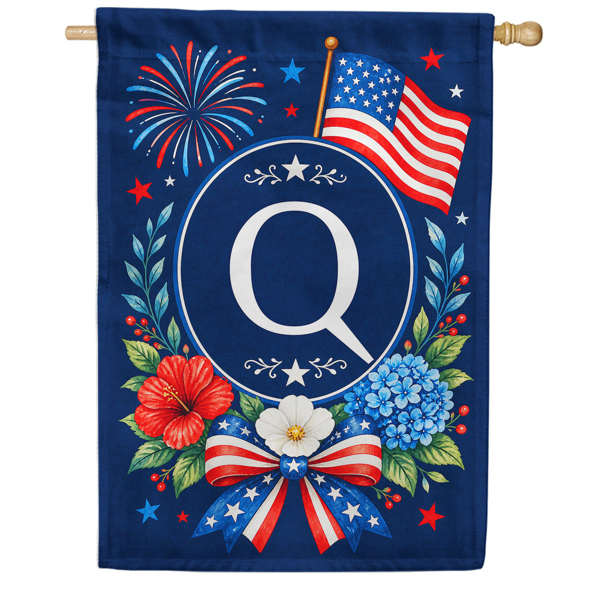 Floral Fireworks Patriotic Monogram House Flag