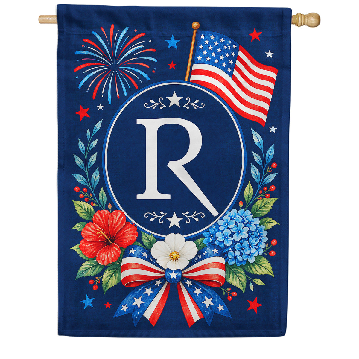 Floral Fireworks Patriotic Monogram House Flag