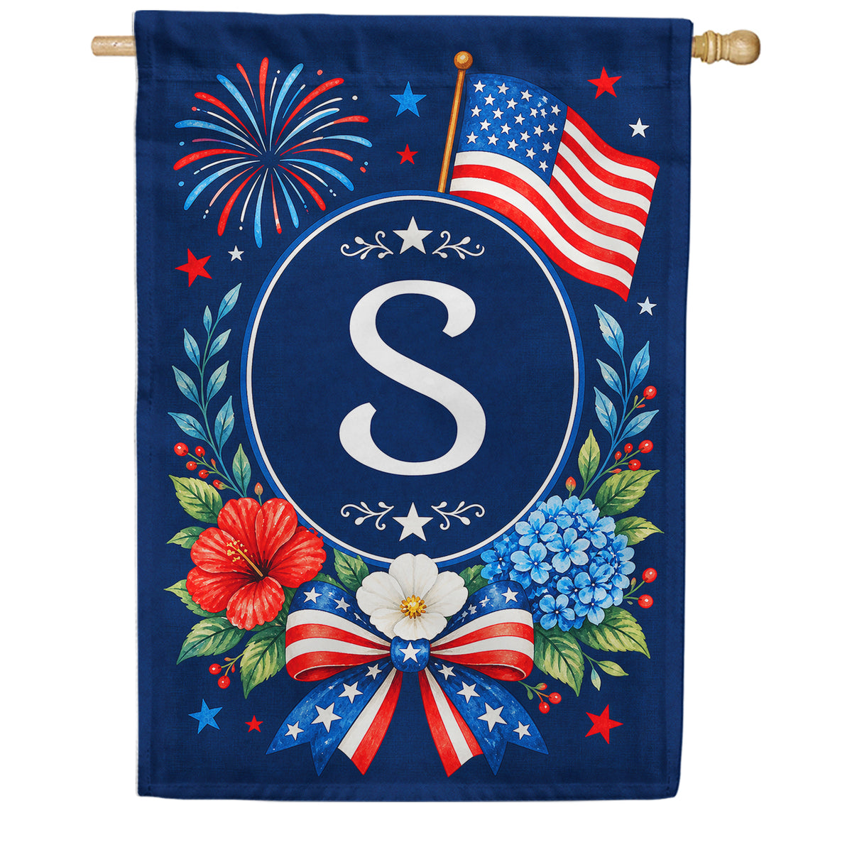 Floral Fireworks Patriotic Monogram House Flag